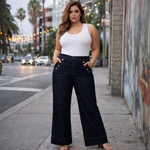 Love & Legend Plus Size Dark Wash Denim Pants Button Detail Wide Leg Jeans